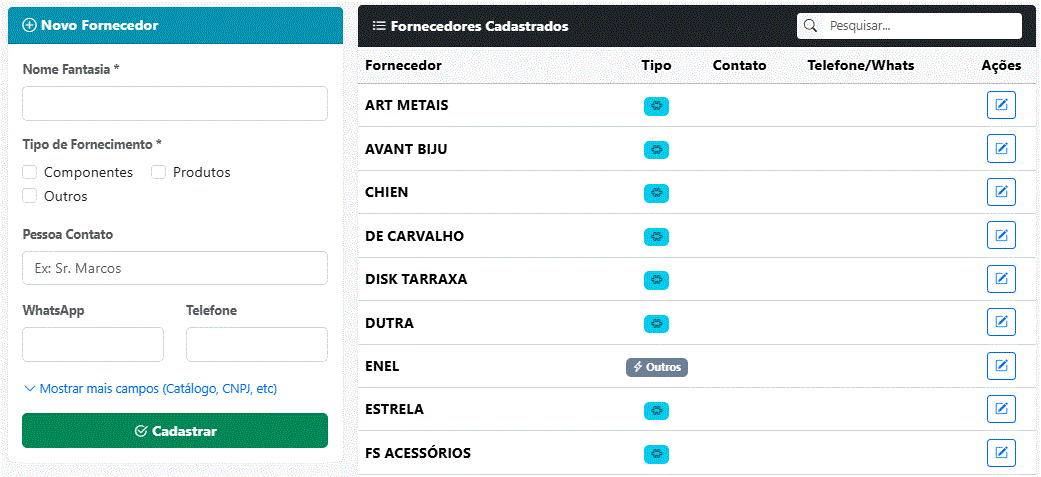 Demonstração de Fornecedores